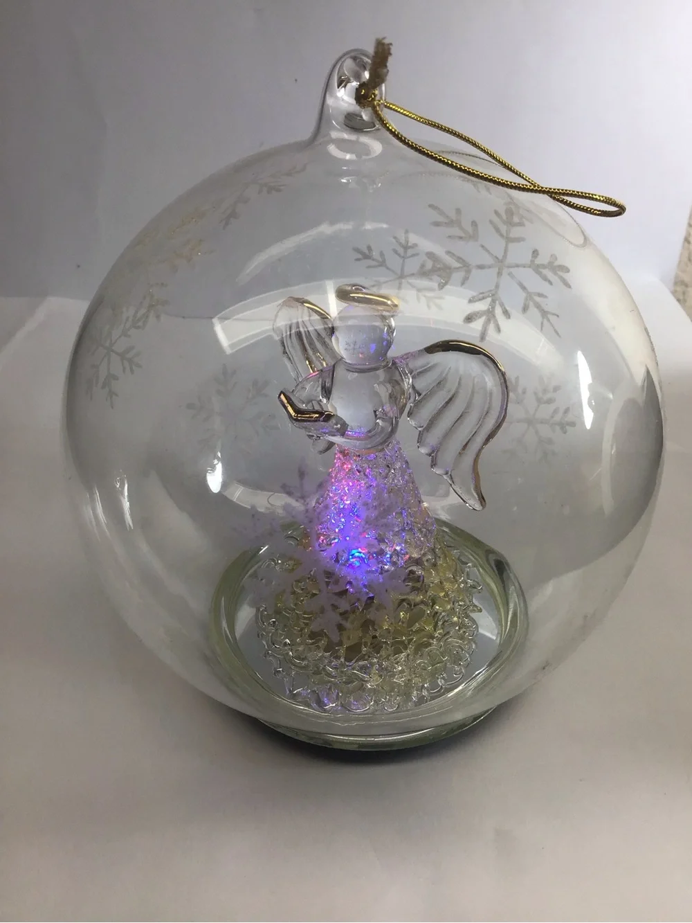 Glass LED Angel Ornament - Clear and Gold Holiday Decor